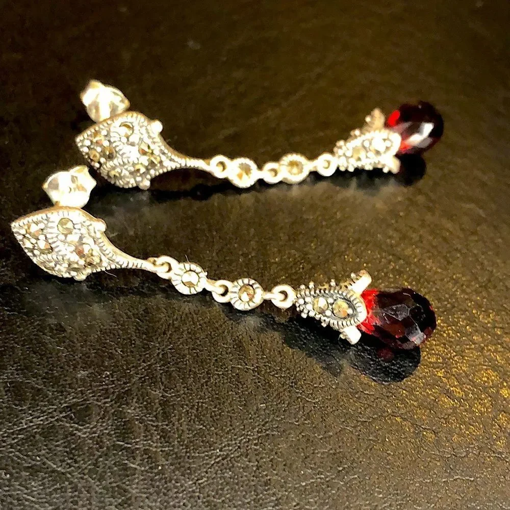 Vintage Red Garnet and Marcasite Long Drop Dangle Sterling Silver Earrings - Picture 8 of 14